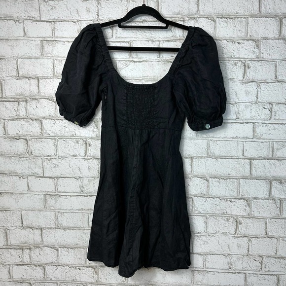 Capulet Dress Bernie Linen Mini Cutout Tie Front Short Puff Sleeve Boho Black XS - Picture 3 of 10